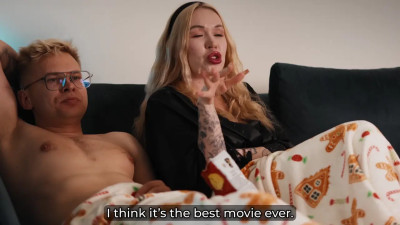 Blonde Step Stepmom's Bare Pussy Teases Stepson While Watching Movie Together