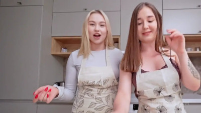 Sara Bork, Lina Babyface - Lesbians Are Cooking In The Kitchen But BIG HARD COCK In Their Ass And Pussy Stopped It